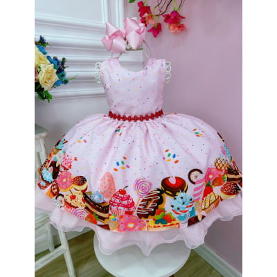 Vestido Infantil Rosa Doces Confeitaria C/ Cinto de Pérolas