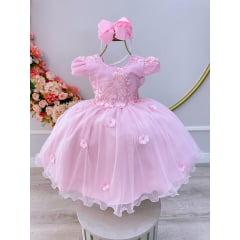 Vestido Infantil Rosa Jardim Encantado C/ Renda Daminhas