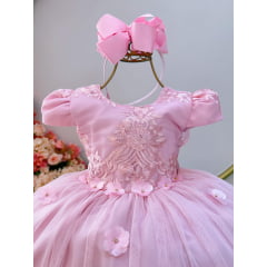 Vestido Infantil Rosa Jardim Encantado C/ Renda Daminhas