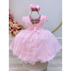 Vestido Infantil Rosa Jardim Encantado C/ Renda Daminhas