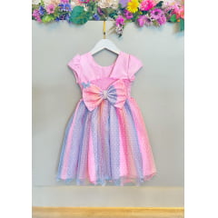 Vestido Infantil Rosa Jardim Encantado Chuva de Amor Arco Iris