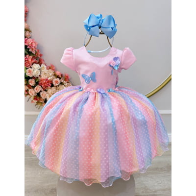 Vestido Infantil Rosa Jardim Encantado Chuva de Amor Arco Iris