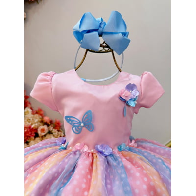 Vestido Infantil Rosa Jardim Encantado Chuva de Amor Arco Iris