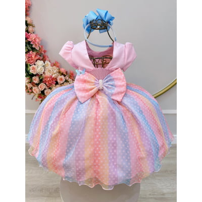 Vestido Infantil Rosa Jardim Encantado Chuva de Amor Arco Iris