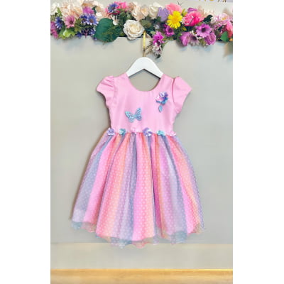 Vestido Infantil Rosa Jardim Encantado Chuva de Amor Arco Iris