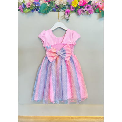 Vestido Infantil Rosa Jardim Encantado Chuva de Amor Arco Iris