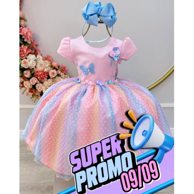 Vestido Infantil Rosa Jardim Encantado Chuva de Amor Arco Iris