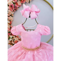 Vestido Infantil Rosa Poá Com Cinto de Strass Pérolas