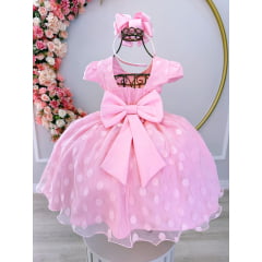 Vestido Infantil Rosa Poá Com Cinto de Strass Pérolas