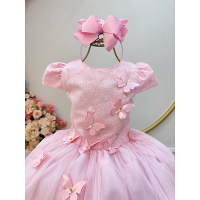 Vestido Infantil Rosa Renda C/ Borboletas Daminhas Luxo