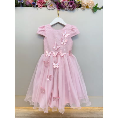 Vestido Infantil Rosa Renda C/ Borboletas Daminhas Luxo