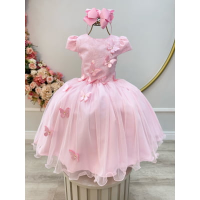 Vestido Infantil Rosa Renda C/ Borboletas Daminhas Luxo