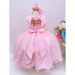 Vestido Infantil Rosa Rendado Luxo Flores em Aplique
