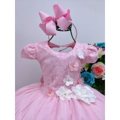 Vestido Infantil Rosa Rendado Luxo Flores em Aplique