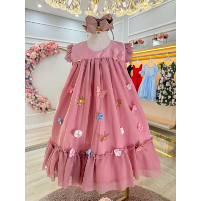 Vestido Infantil Trapézio Rose Jardim Encantado Luxo Vestido Infantil Trapézio Rose Jardim Encantado Luxo