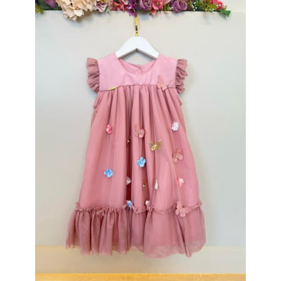 Vestido Infantil Trapézio Rose Jardim Encantado Luxo