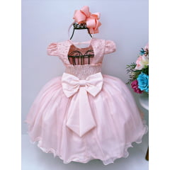Vestido Infantil Salmão Rendado Flores em Aplique Luxo