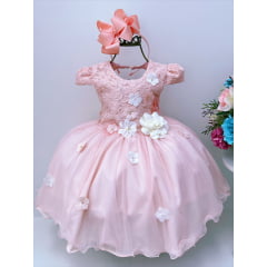 Vestido Infantil Salmão Rendado Flores em Aplique Luxo