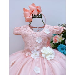Vestido Infantil Salmão Rendado Flores em Aplique Luxo