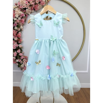 Vestido Infantil Verde Agua Jardim Encantado Apliques Festas