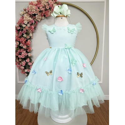 Vestido Infantil Verde Agua Jardim Encantado Apliques Festas