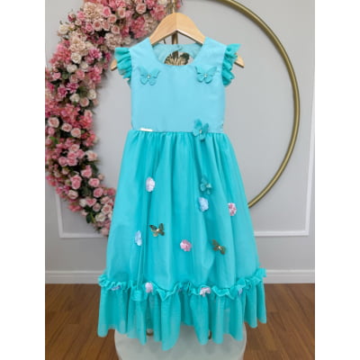 Vestido Infantil Verde Menta Jardim Encantado Apliques Festas