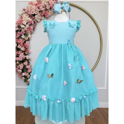 Vestido Infantil Verde Menta Jardim Encantado Apliques Festas