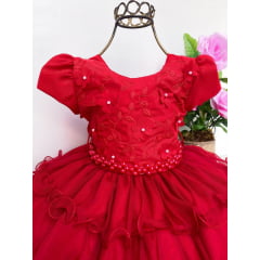 Vestido Infantil Vermelho Babados Apliques Flores Pérolas