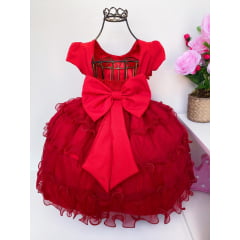 Vestido Infantil Vermelho Babados Apliques Flores Pérolas