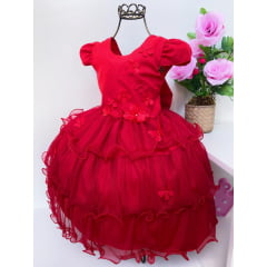 Vestido Infantil Vermelho Babados Renda Apliques Flores