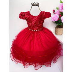 Vestido Infantil Vermelho Babados Renda Cinto Pérolas