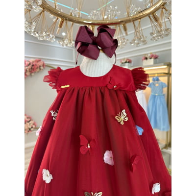 Vestido Infantil Vermelho Escuro Jardim Encantado Luxo