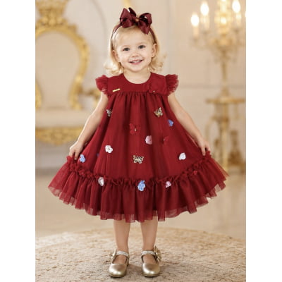 Vestido Infantil Vermelho Escuro Jardim Encantado Luxo
