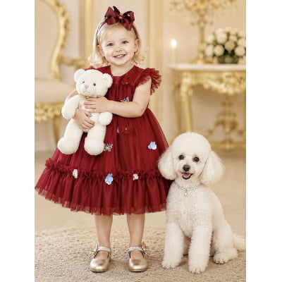Vestido Infantil Vermelho Escuro Jardim Encantado Luxo Vestido Infantil Vermelho Escuro Jardim Encantado Luxo