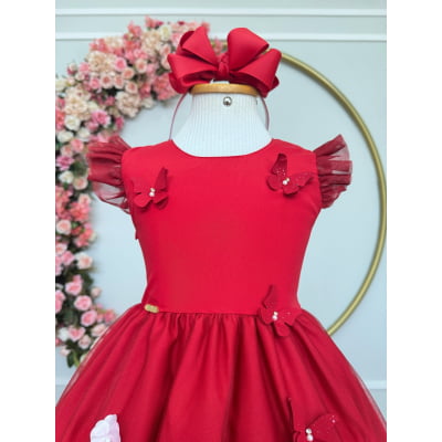 Vestido Infantil Vermelho Jardim Encantado Apliques Festas