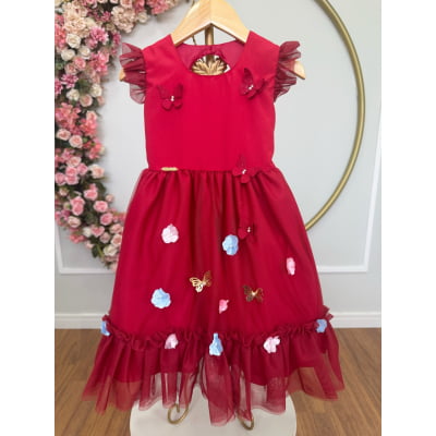 Vestido Infantil Vermelho Jardim Encantado Apliques Festas