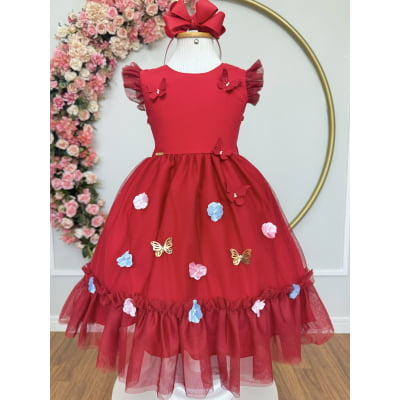 Vestido Infantil Vermelho Jardim Encantado Apliques Festas