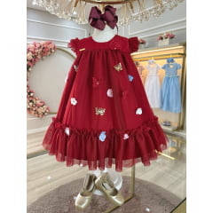 Vestido Infantil Vermelho Escuro Jardim Encantado Luxo