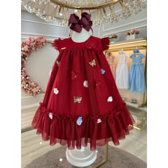 Vestido Infantil Vermelho Escuro Jardim Encantado Luxo