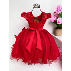 Vestido Infantil Vermelho Renda Aplique Borboletas Princesa