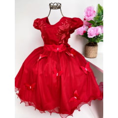 Vestido Infantil Vermelho Renda Aplique Borboletas Princesa