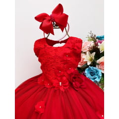 Vestido Infantil Vermelho Rendado Luxo Flores em Aplique