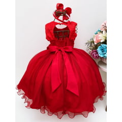 Vestido Infantil Vermelho Rendado Luxo Flores em Aplique