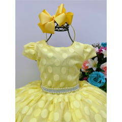 Vestido Infantil Amarelo Bolinhas Cinto Strass C/ Pérolas Luxo