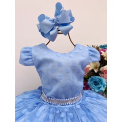 Vestido Infantil Azul Bolinhas Cinto Strass C/ Pérolas Luxo