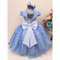 Vestido Infantil Azul Bolinhas Cinto Strass C/ Pérolas Luxo