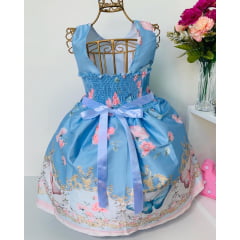 Vestido Infantil Azul Borboletas Floral Princesa Luxo