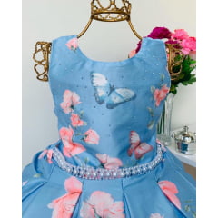 Vestido Infantil Azul Borboletas Floral Princesa Luxo