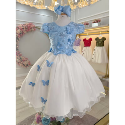 Vestido Infantil Azul C/ Bordado e Borboletas Dama Festas Luxo