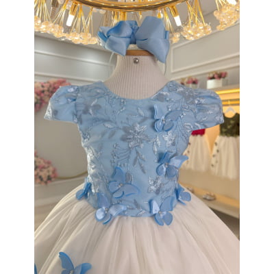 Vestido Infantil Azul C/ Bordado e Borboletas Dama Festas Luxo